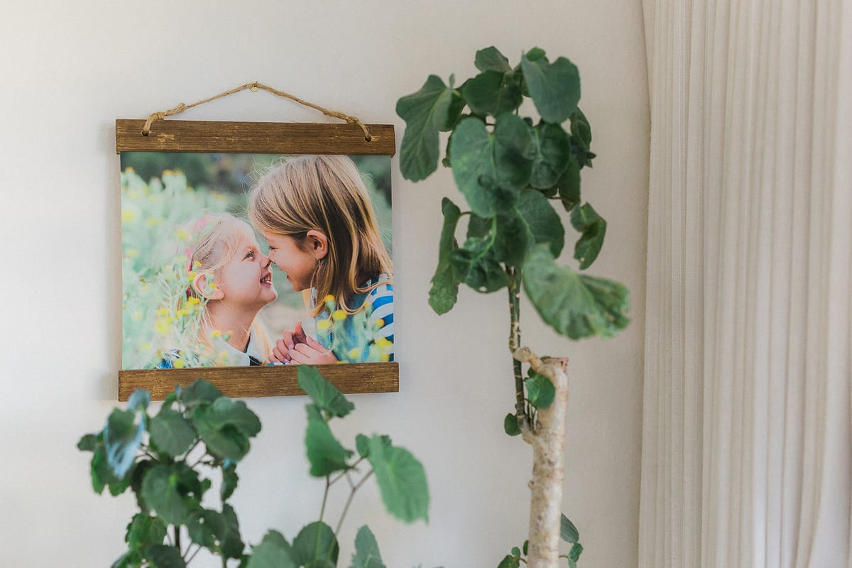 Wood hanger print of two sisters hanging beside a houseplant