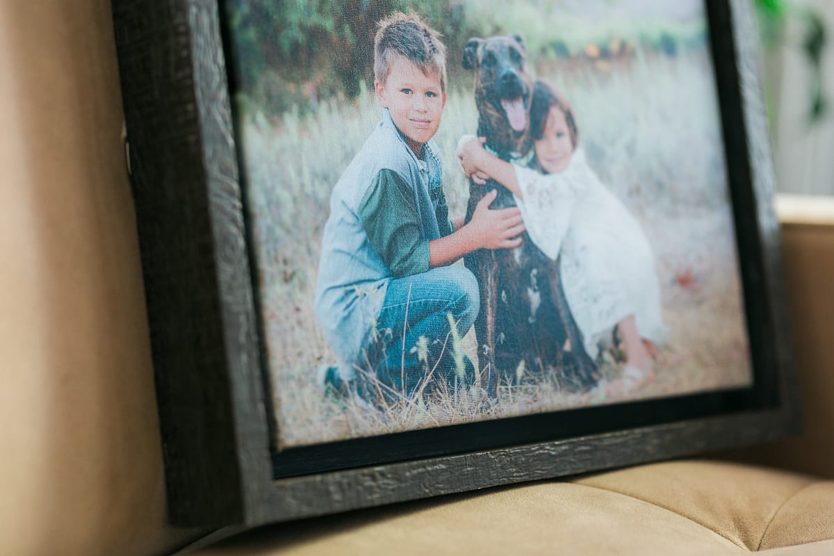 Framed print of a boy and girl with their dog on an armchair