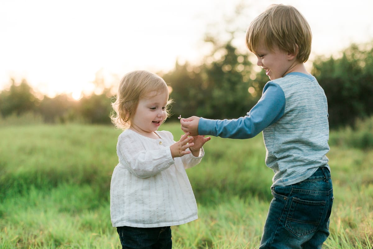 Big brother handing his little sister a flower in a green field