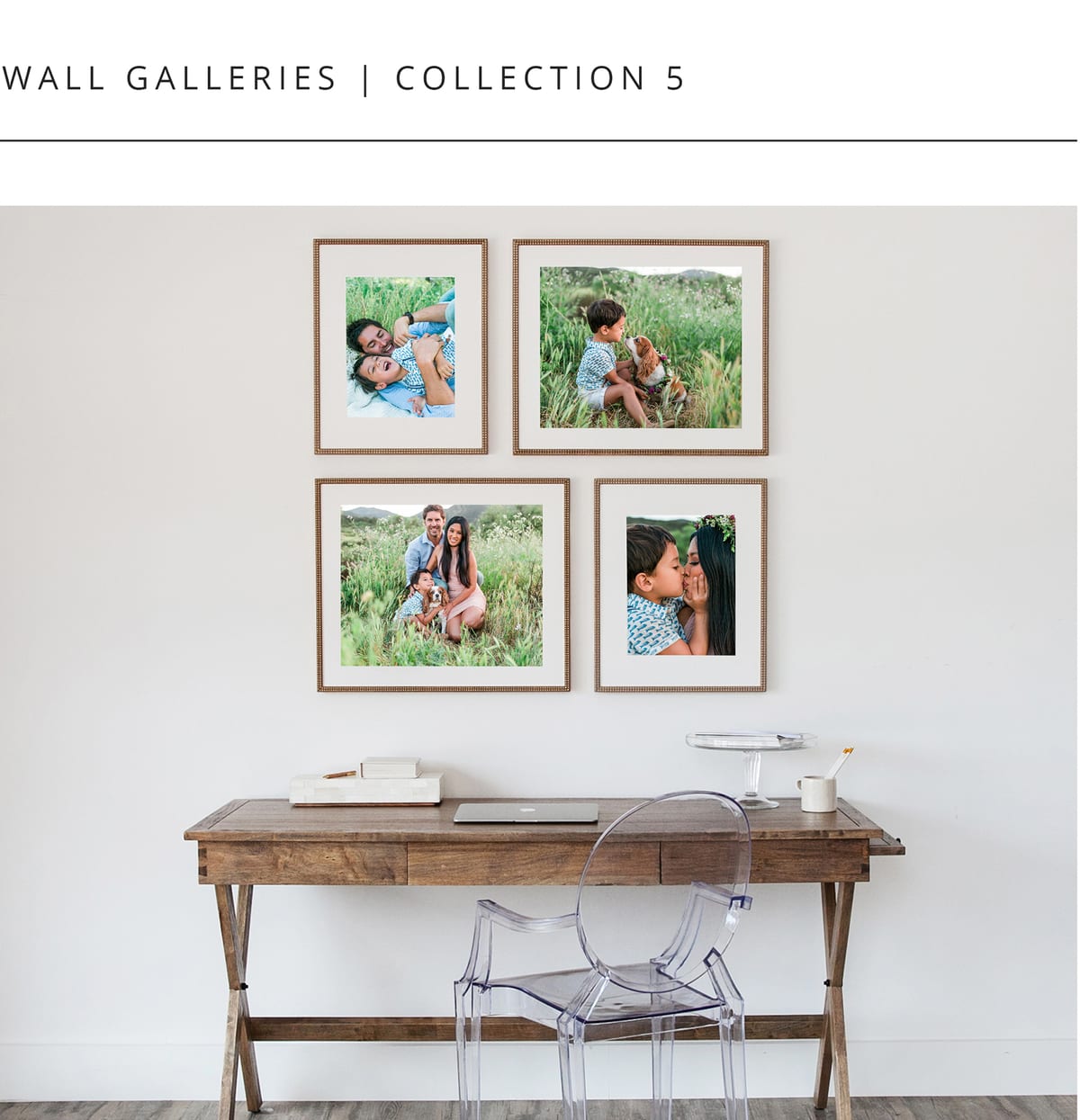 Wall gallery collection of four framed family portraits above a wooden desk