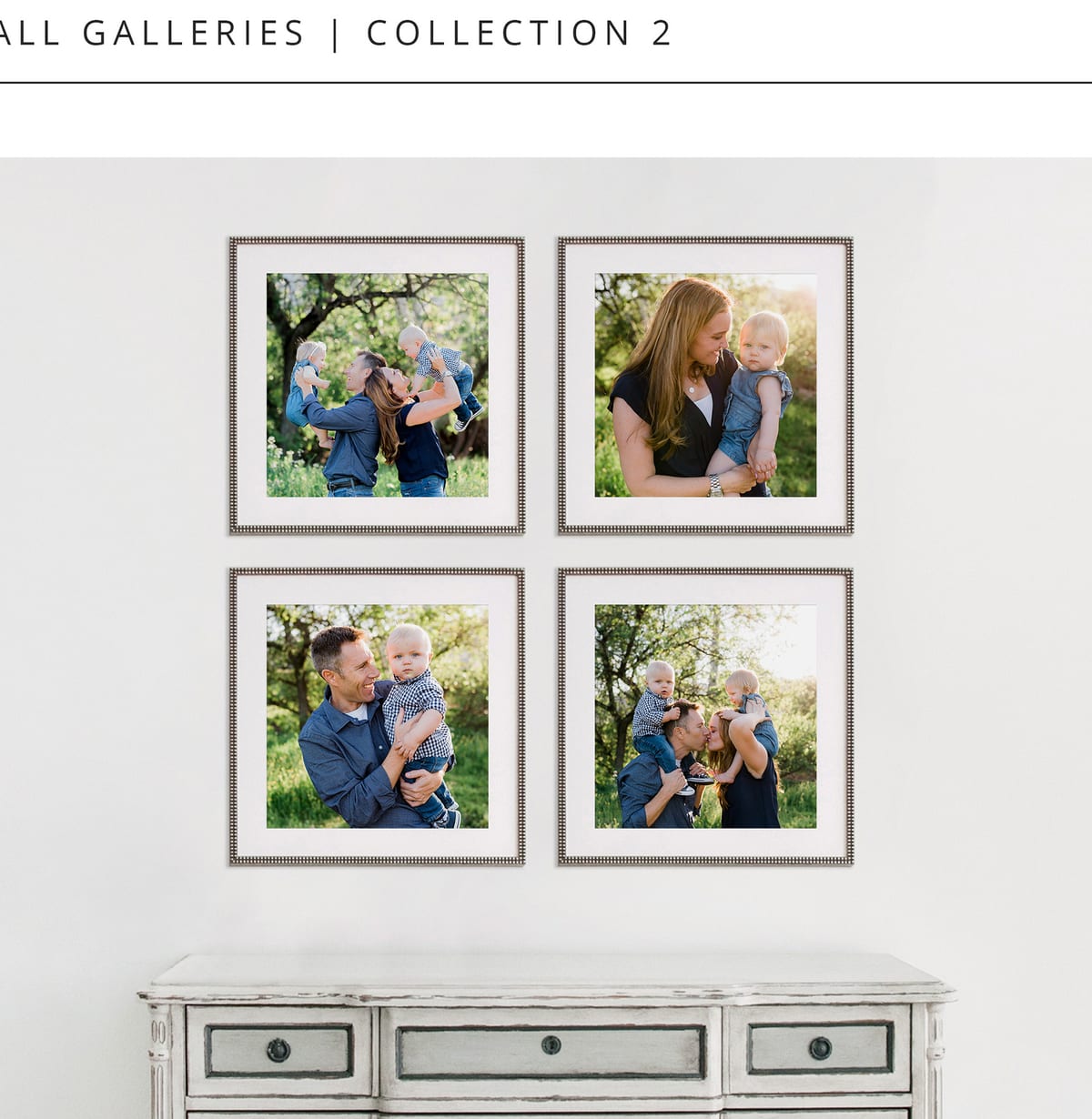 Wall gallery collection of four framed family portraits above a white dresser