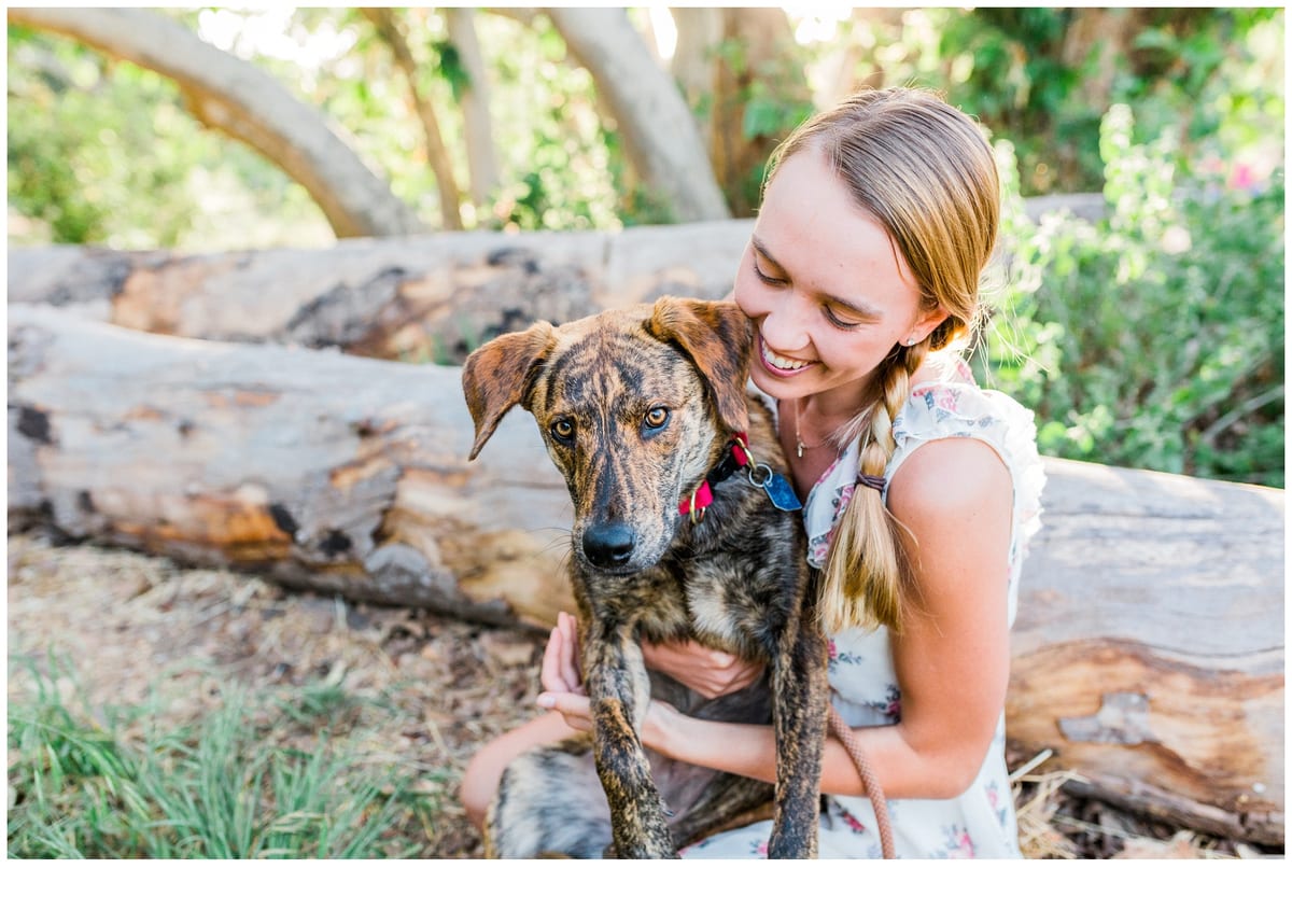 Young woman hugging a brindle rescue puppy by a fallen log