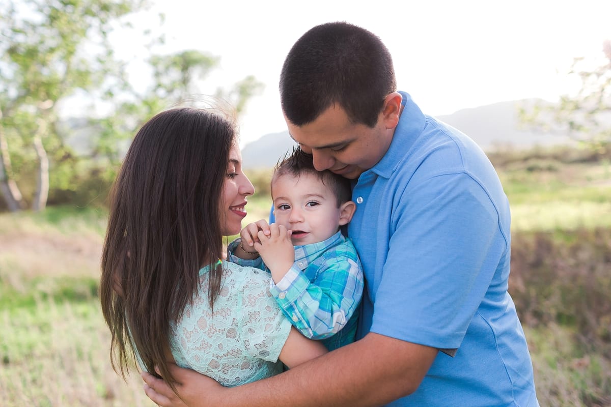 Parents embracing their toddler son in a sunlit field