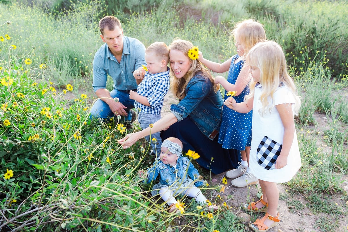 Family picking yellow wildflowers together on a hillside