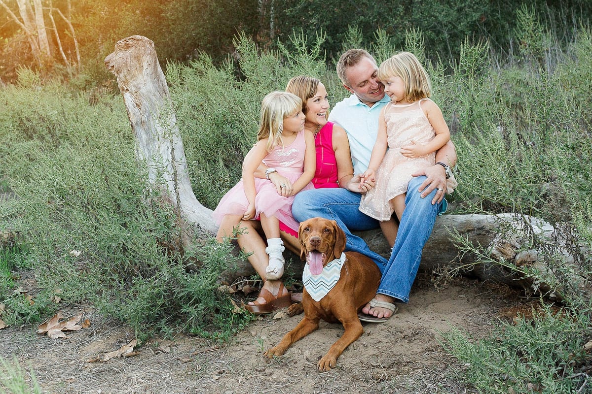 Family with two daughters and their dog sitting on a fallen log