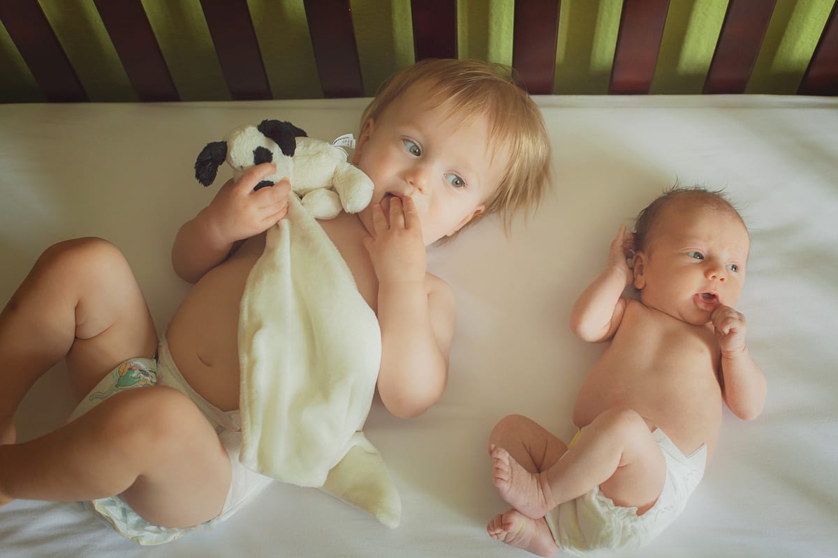 Toddler holding a stuffed toy next to his newborn sibling in the crib