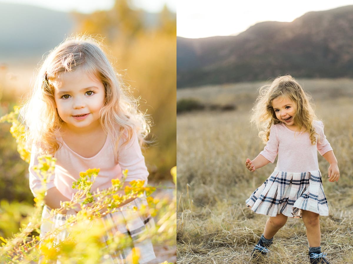 Two photos of a curly-haired toddler girl playing in golden wildflowers