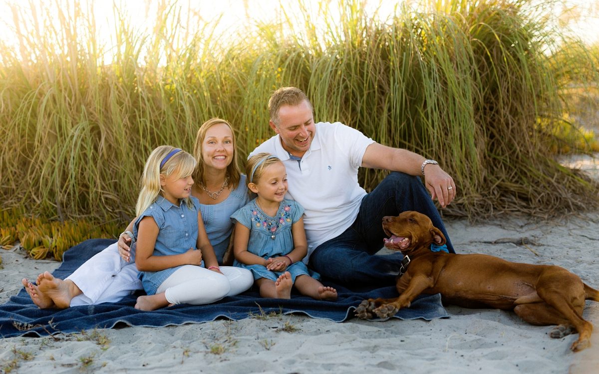 San Diego Family Photographer | Coronado Beach sunset portraits with red Vizsla dog